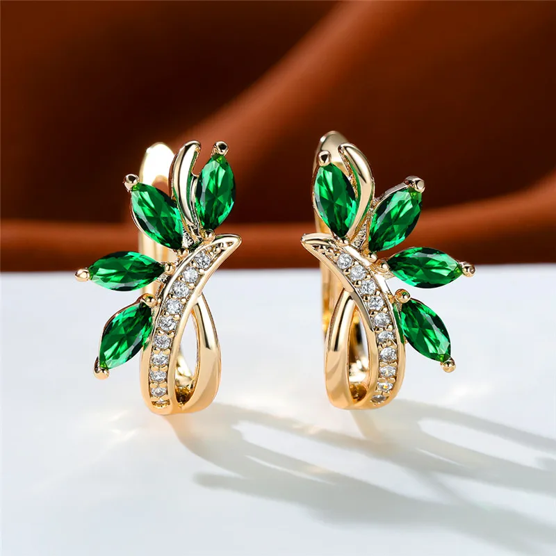 Cute Female Blue Green Stone Clip Earrings Charm Gold Color White Zircon Stone Wedding Jewelry For Women