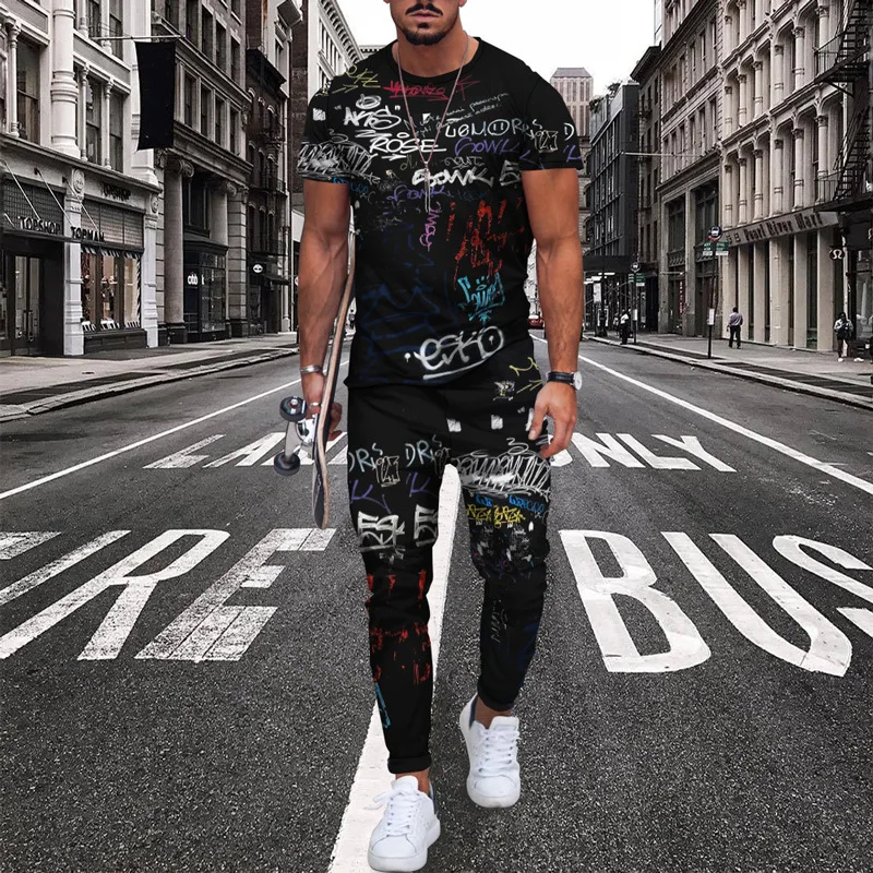 New Men's T Shirt Set Oversized Fashion Clothing Short Sleeve Long Pants Suit 3D Graffiti Printing O Neck Casual Streetwear cztop street vintage fashion fog rrr123 graffiti letter printing high street style pullover round neck loose casual sweater