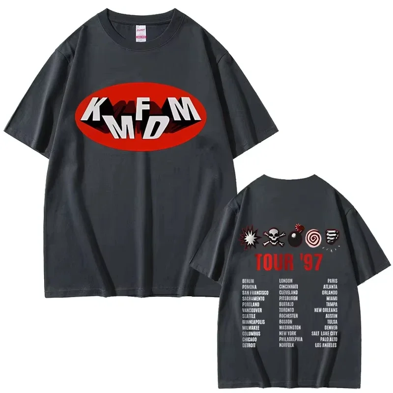 록 밴드 Kmfdm 투어 97 그래픽 프린트 티셔츠 여름 남녀 빈티지 고딕 펑크 스트리트웨어 남성 캐주얼 순면 티셔츠