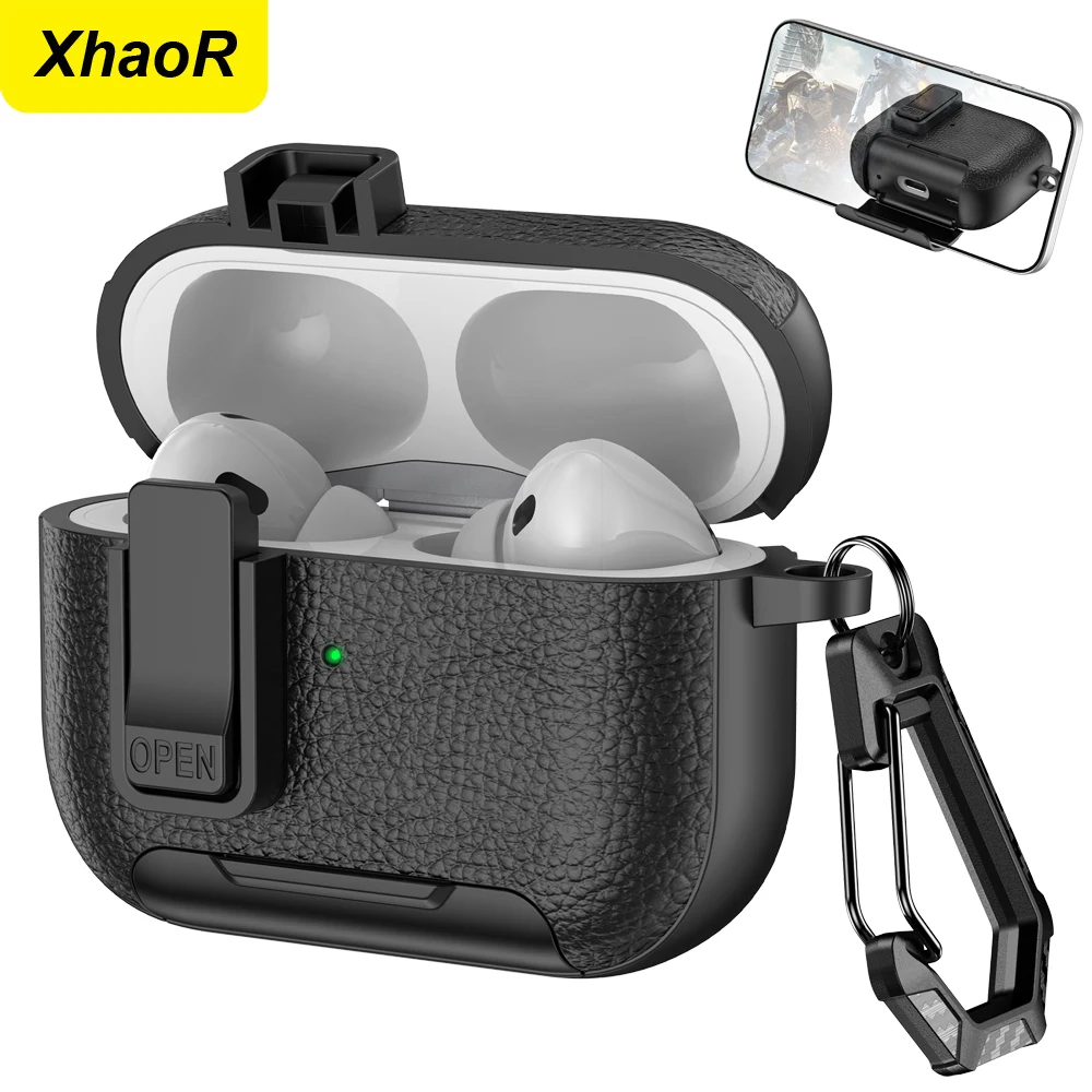 Premium Leather Texture Earphone Cover with Secure Lock and Invisible Phone Stand