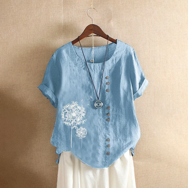 Women Floral Cotton Linen Blouse Summer Short Sleeve