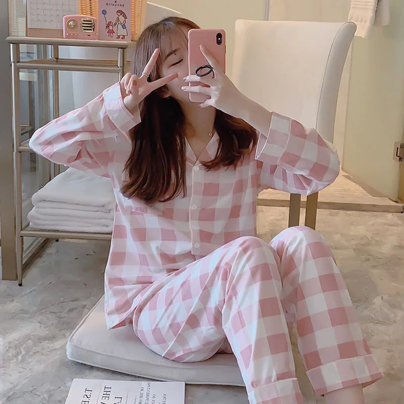 Spring Autumn Women's Thin Plaid Pajamas Flip Collar Long Sleeve Cardigan Pants Oversized Loose Casual Home Clothing Set