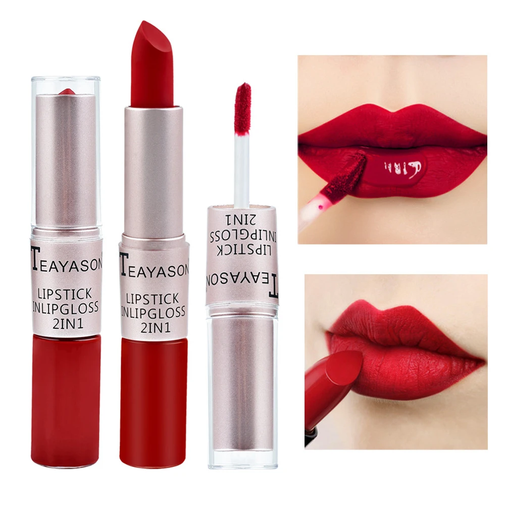 1Pc Long Lasting Velvet Matte Lipstick Double Head Lip Gloss Non-stick Cup Lip Gloss Waterproof 2 in 1 Matte Red Lipstick Makeup