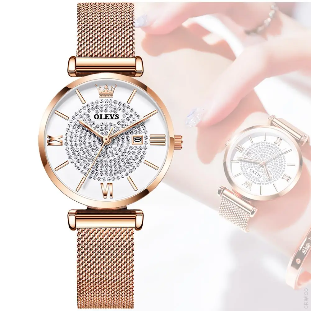 

Quartz Diamond OLEVS Woman Watch Roman Numerals Watches For Lady Rose Gold Women's Dress Clock Stainless Luxury Auto Date