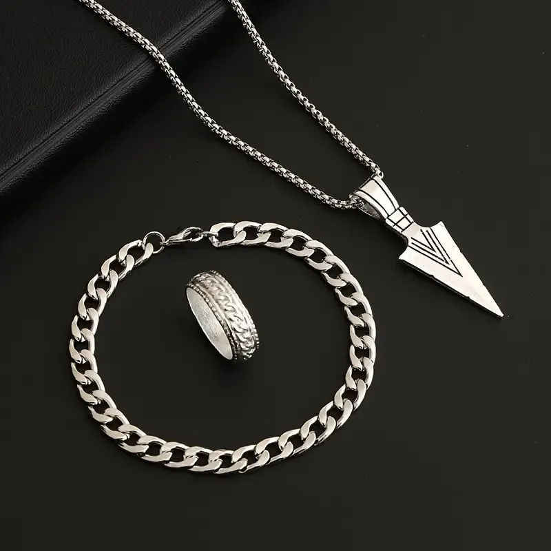 3pcs Set Arrow Jewelry Set Punk Hip Hop Chain Bracelet Ring Necklace for Women Men Cool Style Party Jewelry Gifts