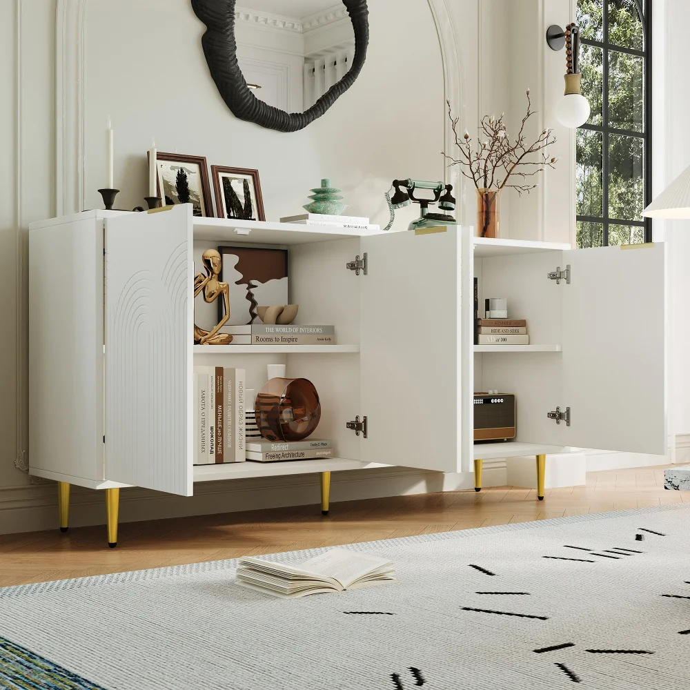 PINGGO Sideboard Wohnzimmer-Kommode mit 4 Türen, goldfarbenen gebürsteten Griffen und Hochglanz-Tischbeinen, Kommodenschrank, Weiß – Detail 8