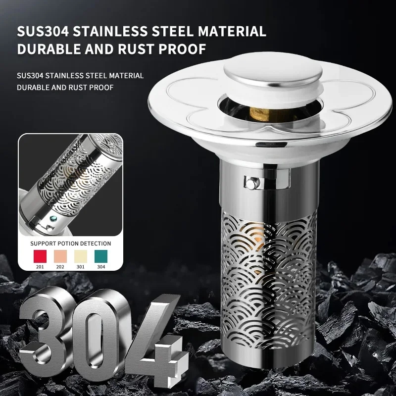 Washbasin Leak Plug Stainless Steel Floor Drain Filter Bathroom Plug Press Type Sink Drain Universal Accessory For Washbasin