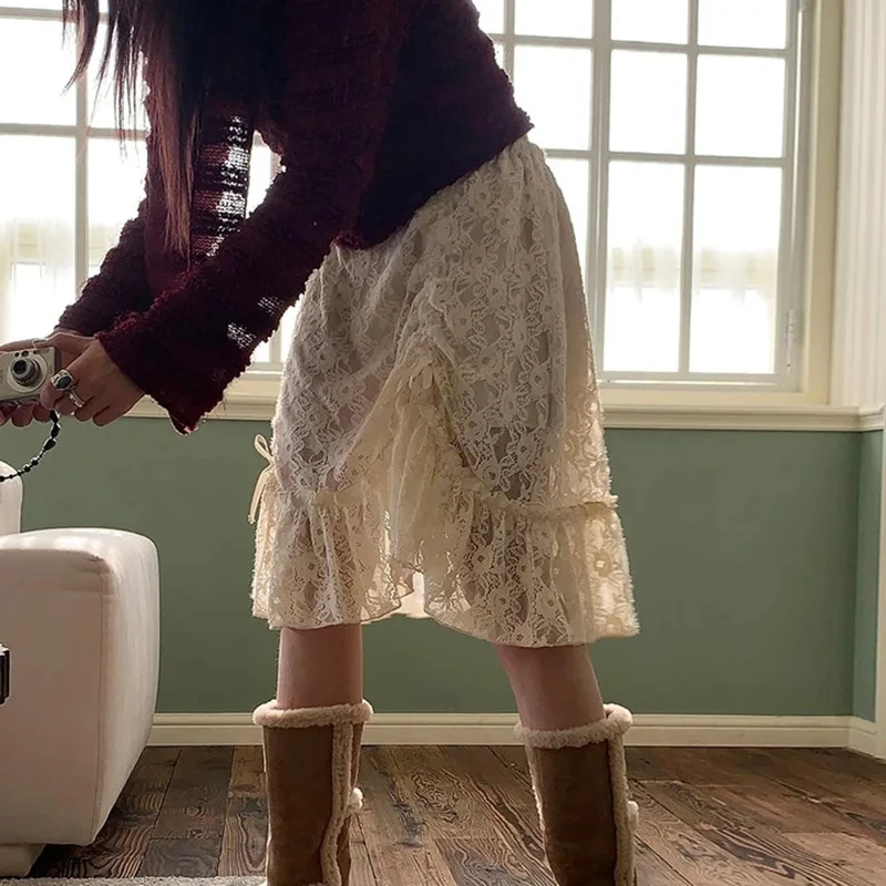 HOUZHOU Y2k Vintage Lace Skirt Women Fairycore Boho Asymmetrical Shirring Ruffle High Waist A-line Midi Skirt Harajuku Fashion