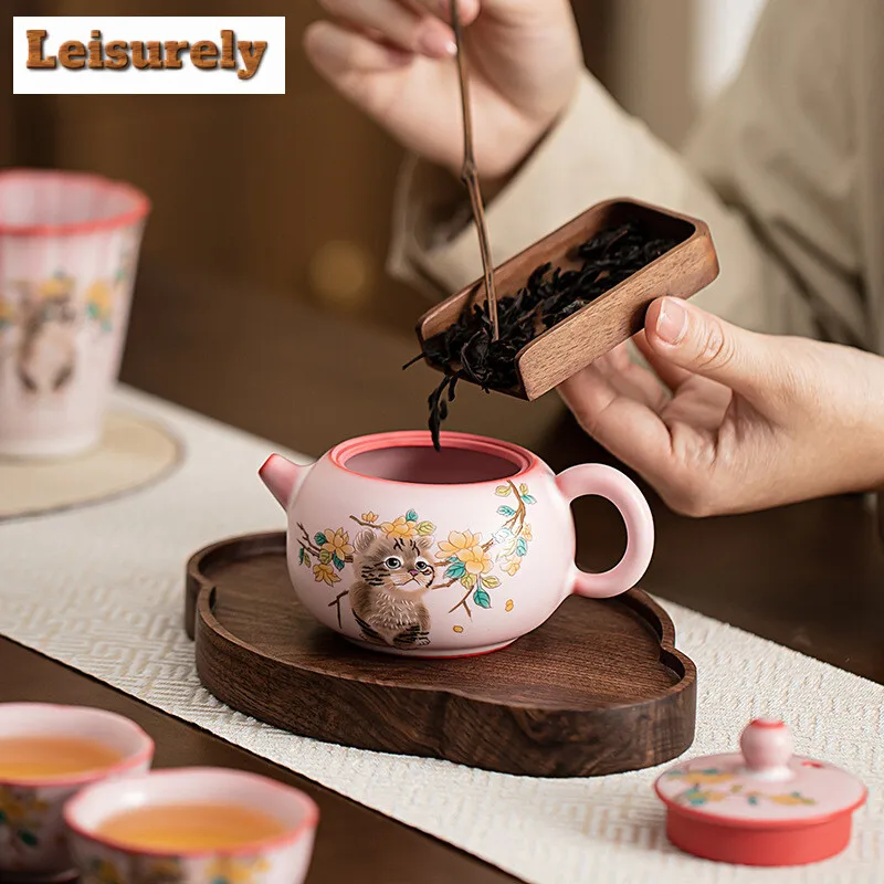 200ml Handamde Lard Jelly Frozen Pink Teapot Yellow Flower Cat Xishi Pot Chinese Tea Brewing Kettle with Ball Hole Filter Teaset