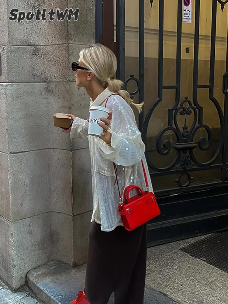 

Женская Повседневная Свободная однотонная куртка с блестками, Элегантная Дамская блузка с длинным рукавом и V-образным вырезом, с лацканами, весенне-летняя Дамская уличная одежда