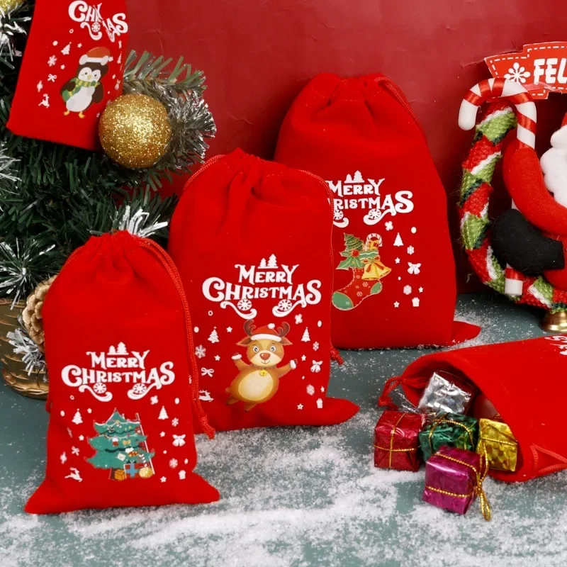 Drawstring Christmas Velvet Bags Red Gift Packaging Bag Candy Biscuit Pouch Merry Christmas Bracelet Jewelry Storage Bag 20/1PCS