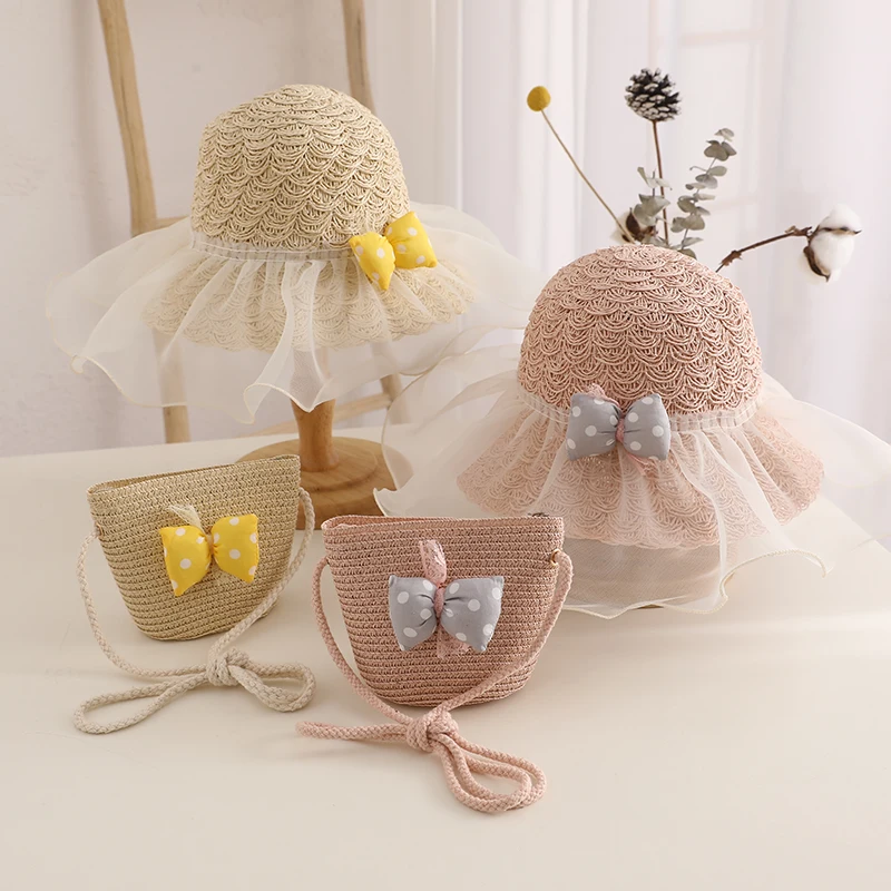 4 Colors Summer Folding Bucket Straw Hat for Girls Beach Sunshade Headwear Cap Cute Bow Kids Hat with Bag Accessories 2-6Y