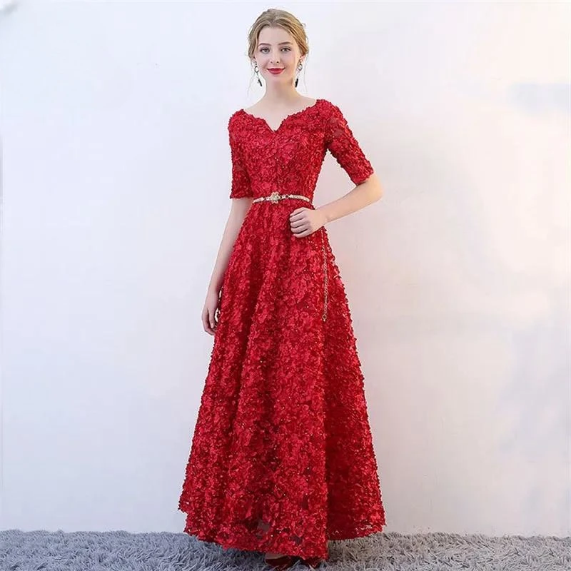 

Clearance Eveing Dress Red Rose Tulle V-Neck A-Line Short Sleeve Robe De Soiree Floor-length Women Party Formal Gown YS018