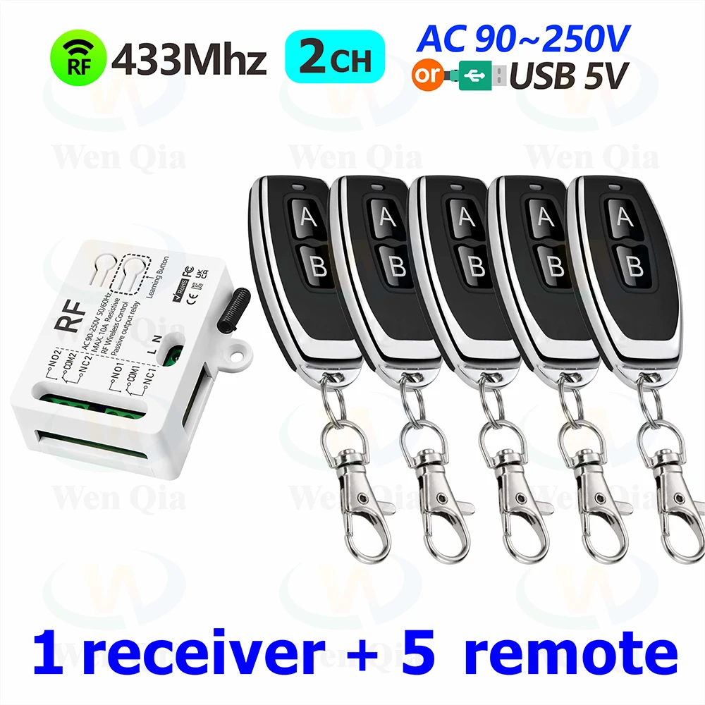Interruttore di telecomando wireless universale 433 MHz 110 V 220 V, modulo relè 2 canali e trasmettore da 500 m per luce/cancello da garage/ gru/fai da te  44