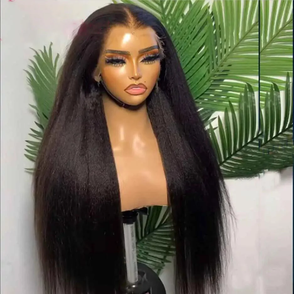 

Glueless Preplucked 26Inch Long 180%Density Natural Black Yaki Kinky Straight Lace Front Wig BabyHair Heat Temperature Daily