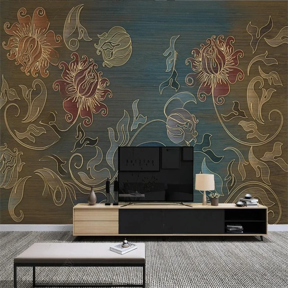 Custom size mural European style rolled grass flower relief carving line background brown mural home decoration 3d wallpaper modern hand painted fashion forest background wall mural 3d grass horse porch wallpaper home decoration custom photo mural