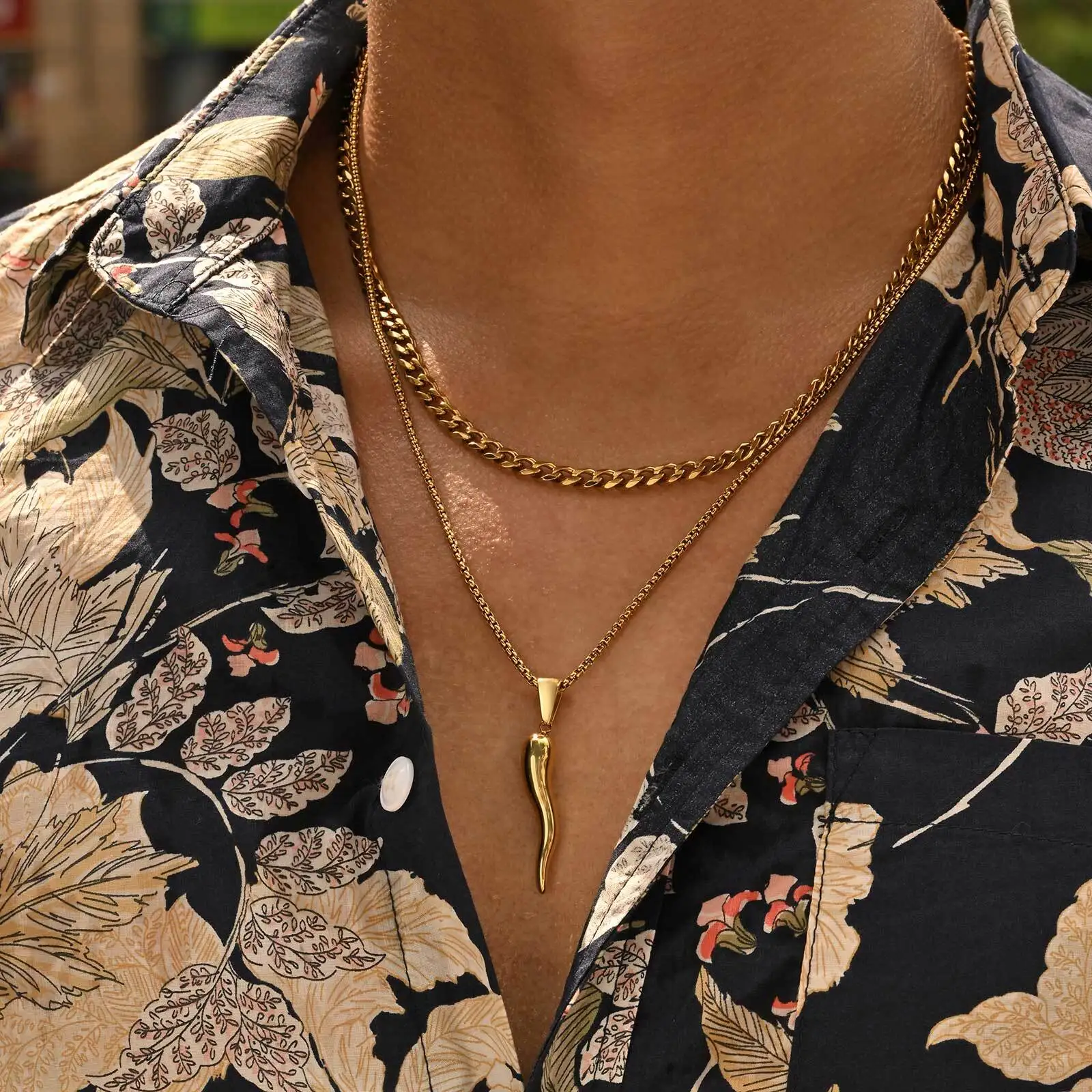 Stacked Italian Horn Necklace for Men Boys,Stainless Steel Chili Pendant Necklaces,Stylish Classic Jewelry Gifts