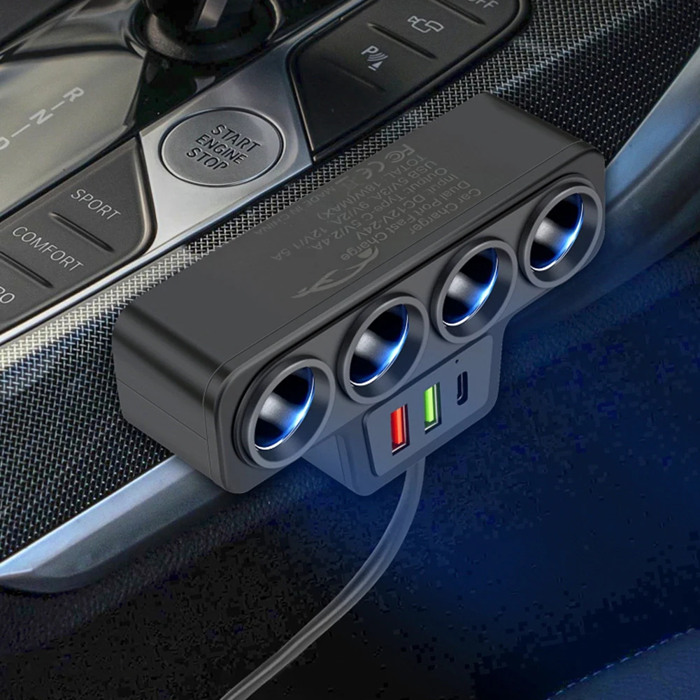 Car Cigarette Lighter Splitter QC3.0+PD 3.1A 3 USB Ports Fast Charger Plug 4-Socket Phone Power Adapter Phone Charger Adapter