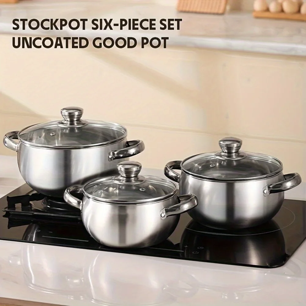 3pcs Stainless Steel Cookware Set with Lids Induction Compatible Thick Walls for Even Heating Dual Handles & Covers