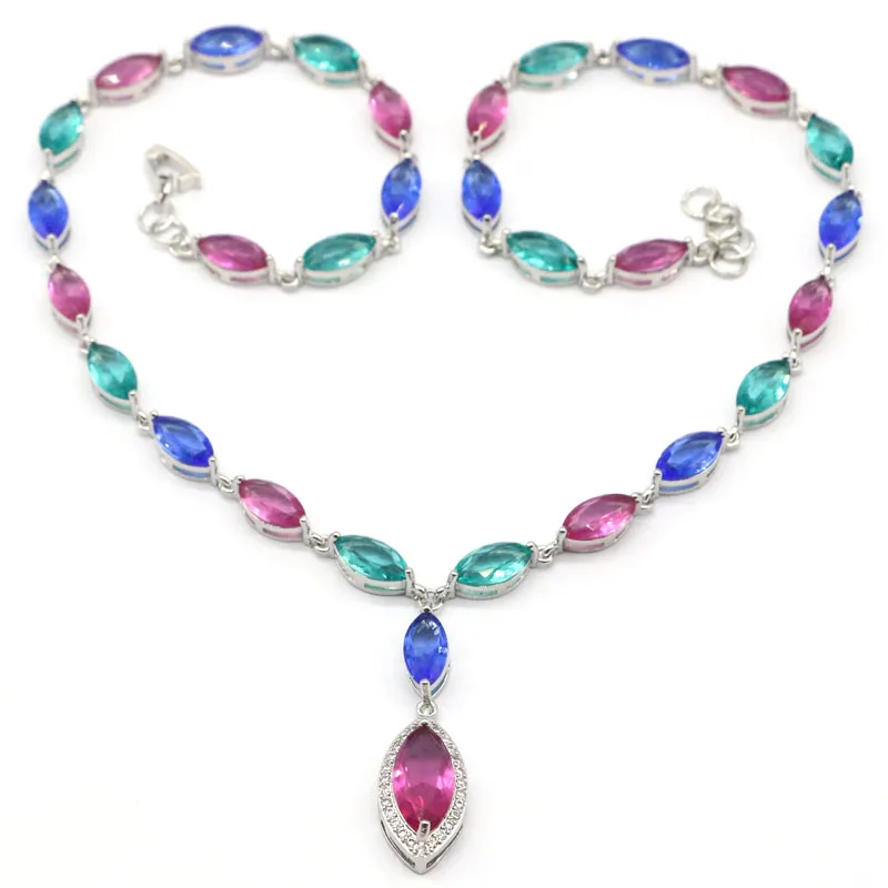 

35g 925 SOLID STERLING SILVER NECKLACE CHAIN Violet Tanzanite Rich Blue Aquamarine Pink Tourmaline Red Blood Rubies White CZ