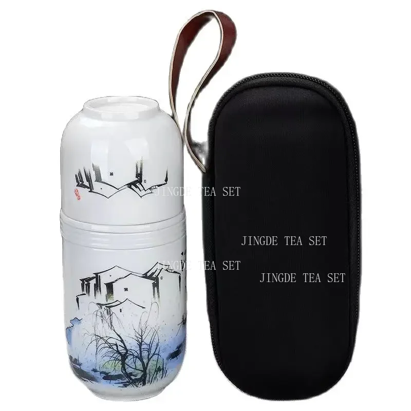 Ceramic Portable Travel Teapot Set Bring A Travel Bag Outdoor Double Chinese Kung Fu Tea Set Underglaze Colour Tea Ceremony Set