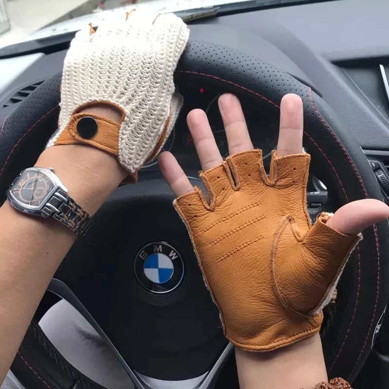 New Men Leather Gloves Fashion Breathable Half Fingerless Knitted Gloves Unlined Non-slip Male Driving Locomotive Mitten