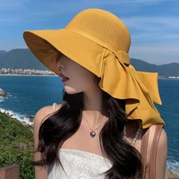 Summer Women Bucket Hat with Shawl Breathable Hollow Knit Beach Cap Luxury Large Bowknot Ladies Face Neck Protection Sun Hat 2