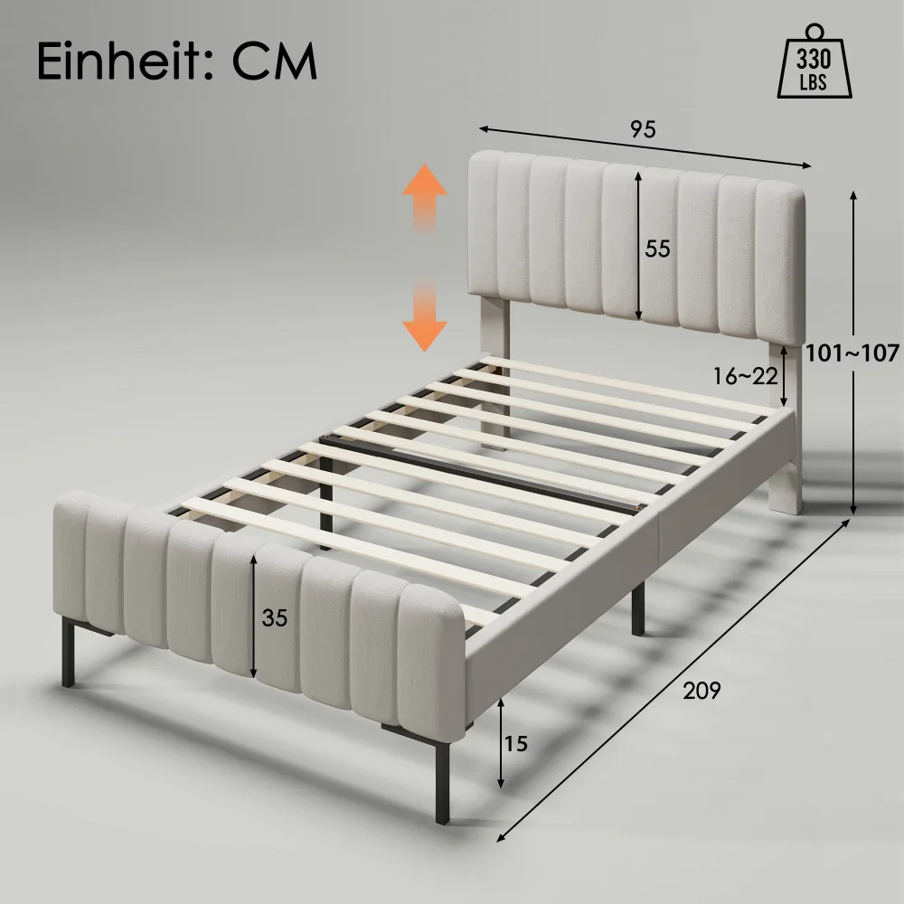Modernes Gepolstertes Doppelbett | Robuster Gitterbett-Rahmen mit Verstellbarem Kopfteil | Jugendzimmermöbel für Teenager & Erwachsene – Detail 26