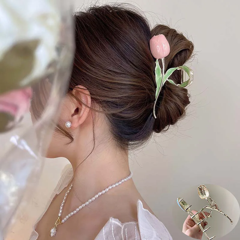 

New Tulip Hair Claw Flower grace Shark Clip Headdress Vintage Ponytail Claw Clip Trendy sweet HAIR CLIP FOR GIRL Hair Jewelry