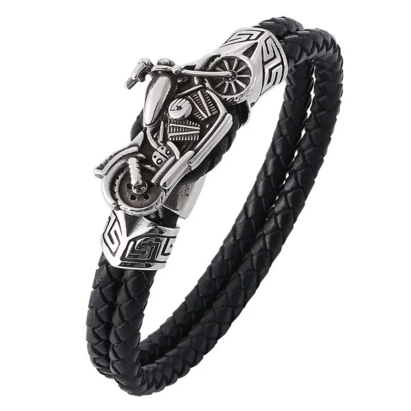 Leather Bracelet Bangle Punk Metal Motorcycle Handwoven Double Layer