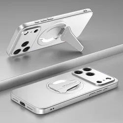 Metallic Magnetic Folding Kickstand Shockproof Case with Wireless Charging Support - iPhone 15 (Silver)