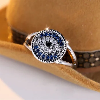 Two Tone Blue White Zircon Single Eye Rings For Women Silver Color Vintage Wedding Bands Promise Engagement Party Jewelry Gifts