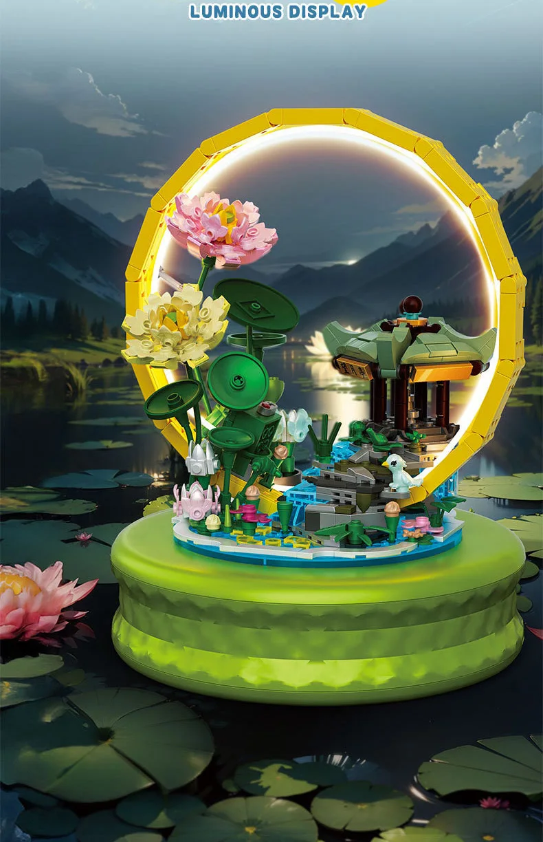 Loz Mini Diamant Baustein kreative Straßen ansicht Ziegel Lotus Teich Mondschein Spieluhr Spielzeug mit Licht für Kinder Geschenke – Detail 4