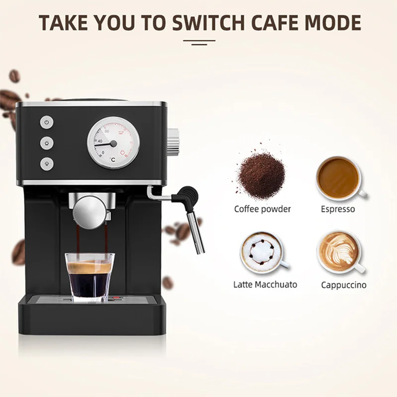 Italian Semi-Automatic Coffee Maker Household Concentrated Steam Frothing 20Bar 1.2L Desktop Espresso Machine With Pressure Gage 3