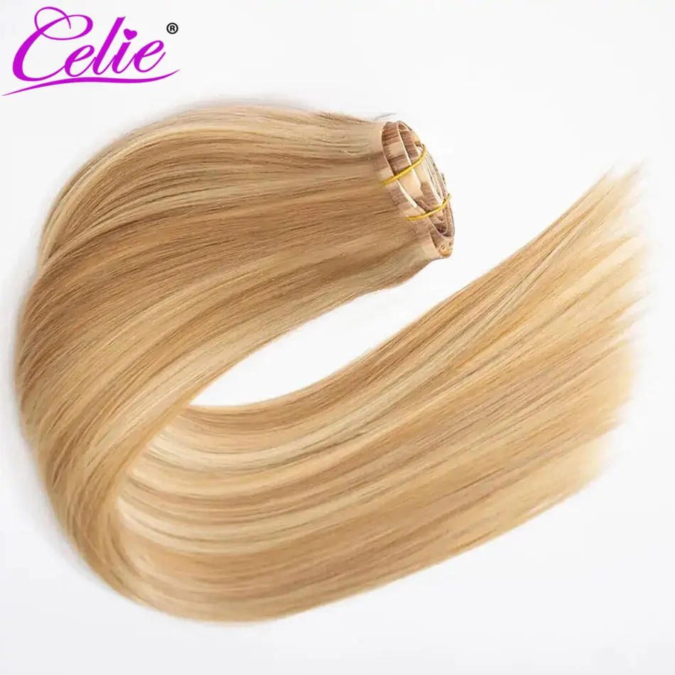 Celie Blonde Highlight P16/613 Clip In Hair Extensions Straight Real Human Hair Seamless Blend 7pcs/pack