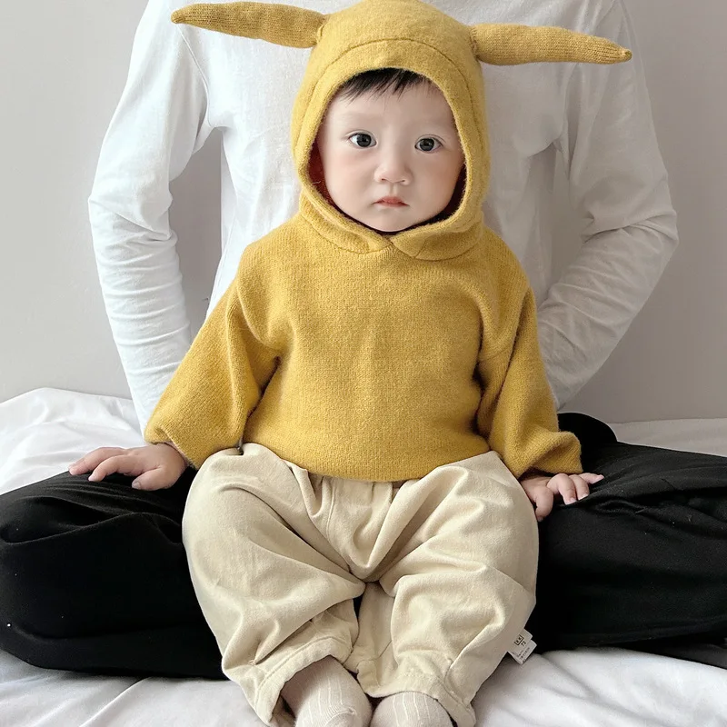 가을 겨울  ??소년 소녀 니트 후드 스웨터 솔리드 컬러 풀오버 편안한 긴팔 탑 어린이 의류 1-3 년