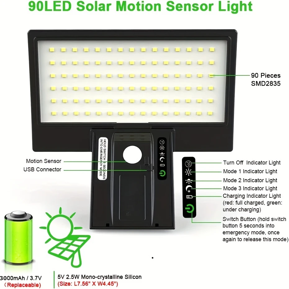 Solar Security Lights Solar Flood Lights Outdoor Waterproof with Motion Sensor 4 Modes 90 LEDs Wall Lights for Porch Yard Garden 6