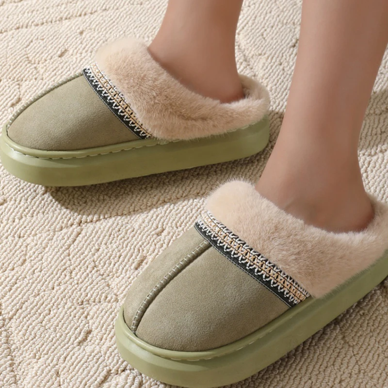 Vintage Thick Bottom Fluffy Slippers Women Winter Outdoor Thicken Plush Cotton Shoes Woman Comfort Non Slip Home Slippers Mujer