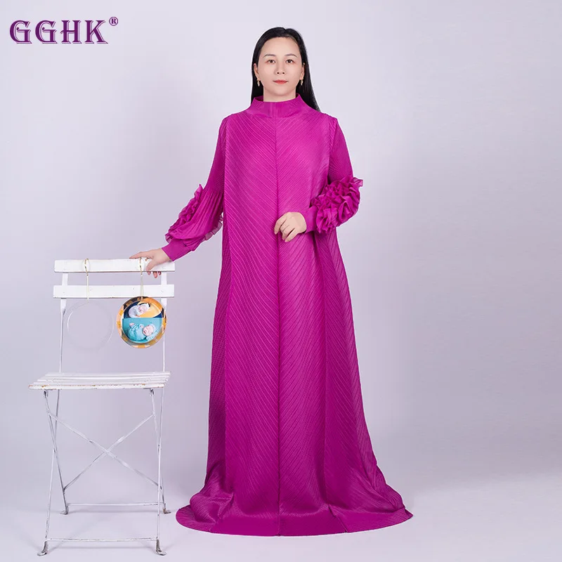 

GGHK Miyake High Quality Oversized Pleated Dresses 2023 New Round Neck Splicing Fungus Full Sleeve Long Women's Party Dresses