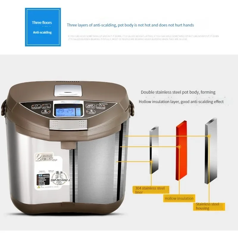 Double-bank and dual-temperature household intelligent kettle with integrated stainless steel thermostatic kettle 6L
