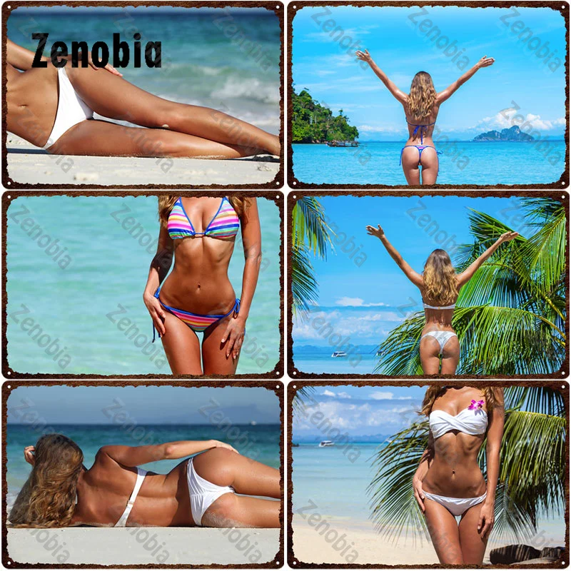 

Metal Sign Wall Decor Sexy Beach Bikini Girl Metal Poster Seaside Resort Tin Sign Vintage Plaque Tin Painting Beach Bar Decor