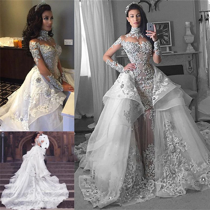 

Beautiful High Neck Appliques Beads Wedding Dresses with Detachable Train Illusion Full Sleeves Garden Mermaid Bridal Gowns
