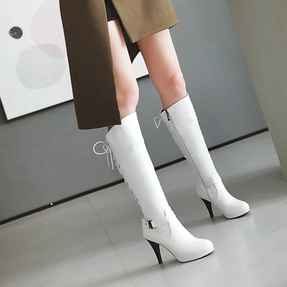 

Womens Stiletto High Heel Strappy Mid Calf Boots Round toe Buckle Platform ShoesNew 2024