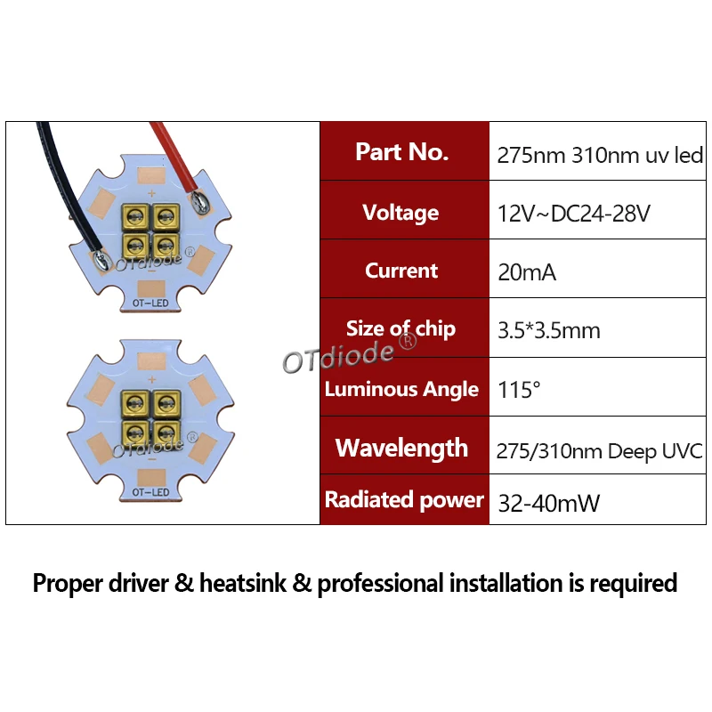 UVC LED 12V 24V 270nm 275nm 280nm 310nm 딥 UV 칩 32mW 4..