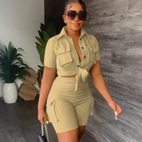 Streetwear Two Piece Set for Women Summer Outfits Pockets Short Sleeve Button-Up Shirt Top Short Sets Party Club Matching Sets - Image 2