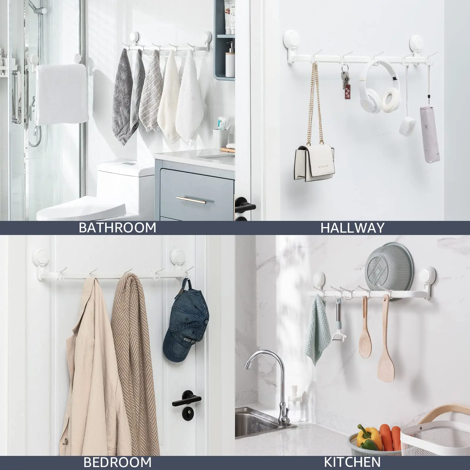 TAILI Shower Hanging Towel Bar 5 Hooks Drill-Free Suction Cup Towel Rack Wall Mounted Removable Holder Bathroom