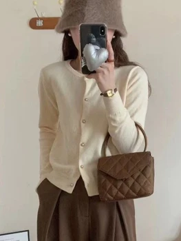 AOSSVIAO 2025 الخريف الشتاء سترة مشغولة من الصوف س الرقبة فضفاضة بلون طويل الأكمام سترة الكورية واحدة الصدر تنوعا القمم 4