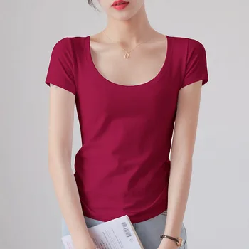 95% Cotton Top Slim Women Scoop Neck Summer T Shirt Solid Elegant Soft Short Sleeves Tees Casual Female Basic T-Shirts All Match 1