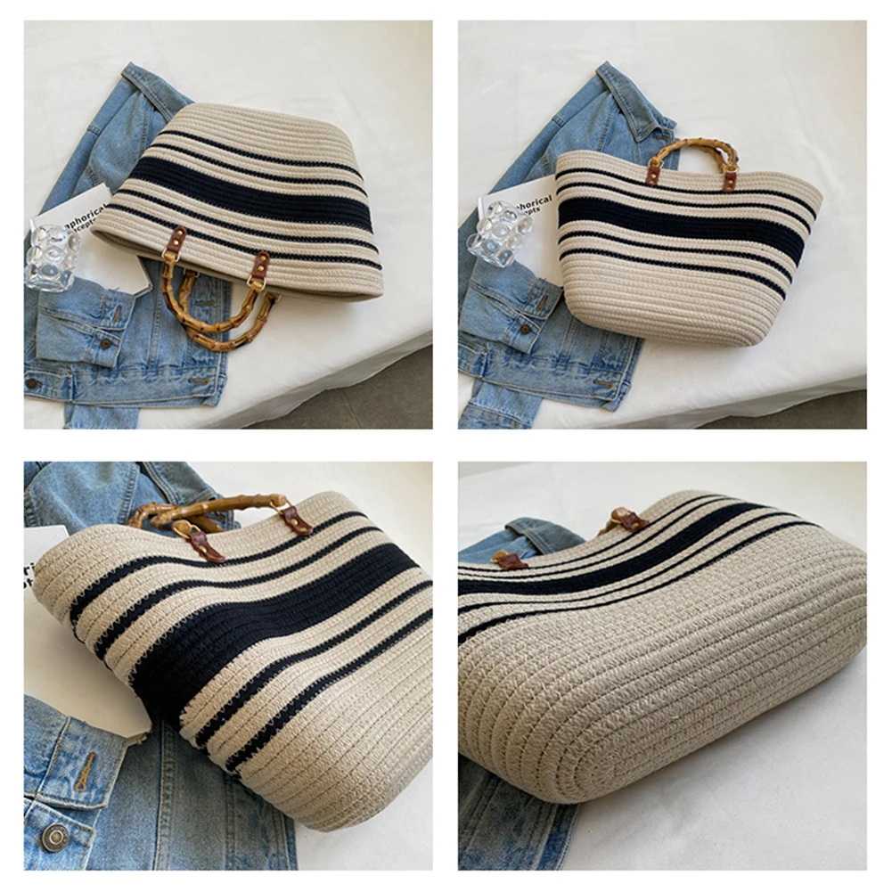 Weave Striped Tote Bag Female Bohemian Shoulder Bags for Women Summer Beach Straw Handbags and Purses Lady Travel Shopping Bags
