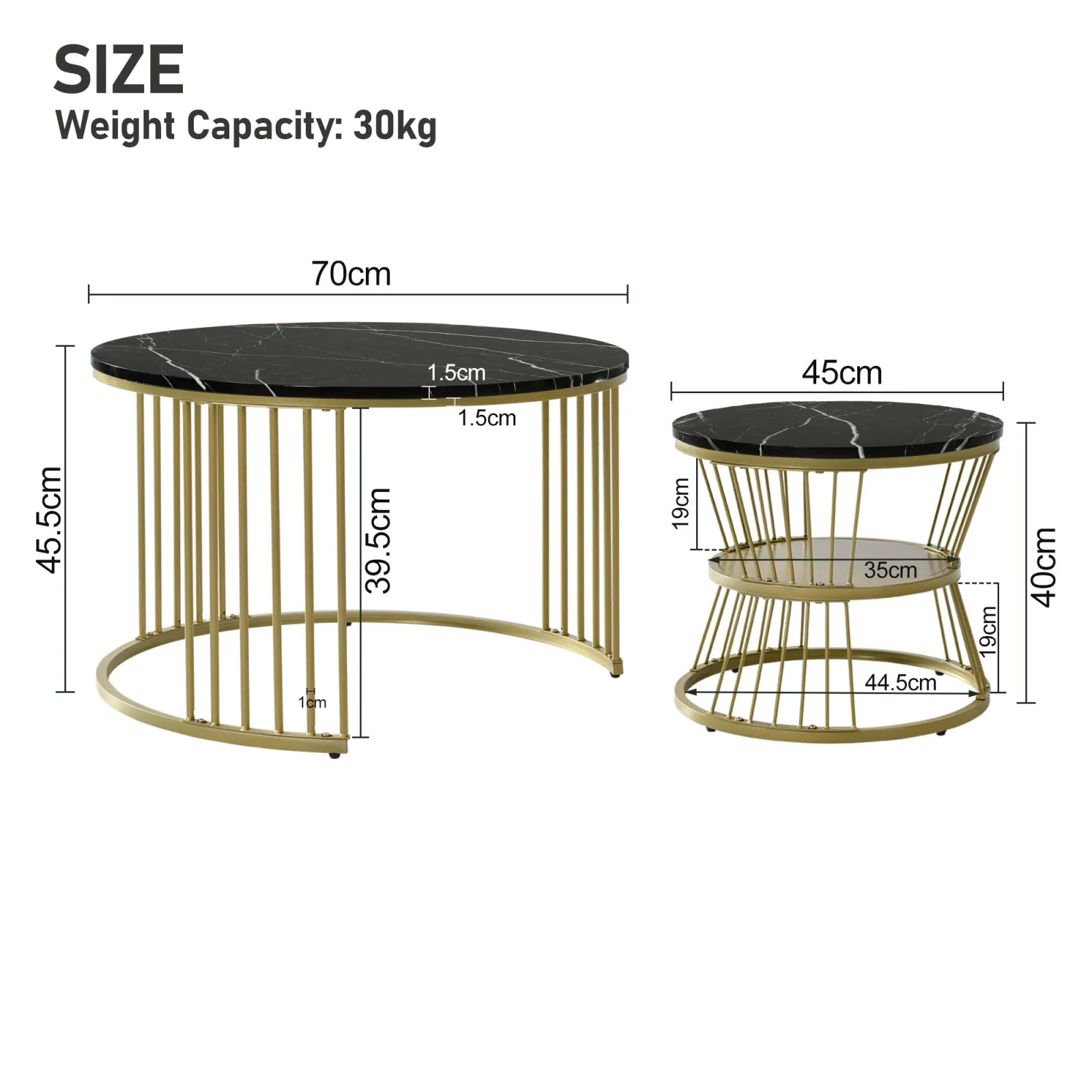 Rosahqnda 2-teiliges Set Moderne Couchtische mit Stauraum, Couchtisch-Set mit Marmorfurnier Sofa Beistelltisch Round Beistelltisch – Detail 2